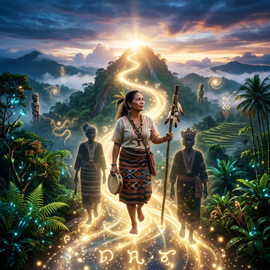 Woman in traditional clothing walking a glowing path with three elder spirits in a lush jungle landscape