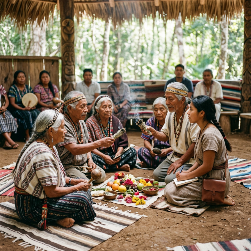 Indigenous elders and a young woman in traditional clothing perform a ceremonial ritual with offerings and smoke inside a wooden shelter.