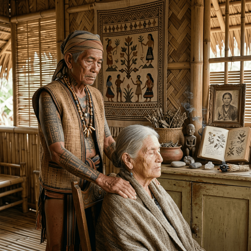 Young woman standing behind elderly seated woman, offering comfort in a cozy room with nature-inspired decor