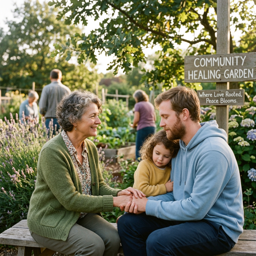 Elderly woman holding hands with a young man sitting on a bench while a child rests on his shoulder in a community garden with a sign reading Community Healing Garden where Love Rooted Peace Blooms