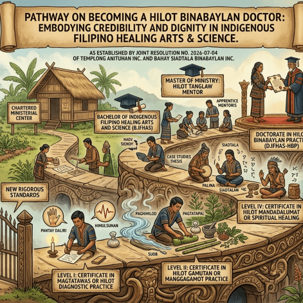 JOINT RESOLUTION NO. 2026-07-04: A JOINT RESOLUTION OF THE BOARD OF TRUSTEES OF TEMPLONG ANITUHAN INC. AND BAHAY SIADTALA BINABAYLAN INC. ESTABLISHING A NEW EDUCATIONAL, PROFESSIONAL, AND MINISTERIAL FRAMEWORK FOR HILOT BINABAYLAN PRACTICE; DISCONTINUING THE NINE-DAY INITIATORY PRACTITIONER PROGRAM; ELEVATING THE STANDARDS FOR PROFESSIONAL RECOGNITION; AND SAFEGUARDING THE INTEGRITY, DIGNITY, AUTHENTICITY, AND FUTURE OF INDIGENOUS FILIPINO HEALING ARTS AND&nbsp;SCIENCES.
